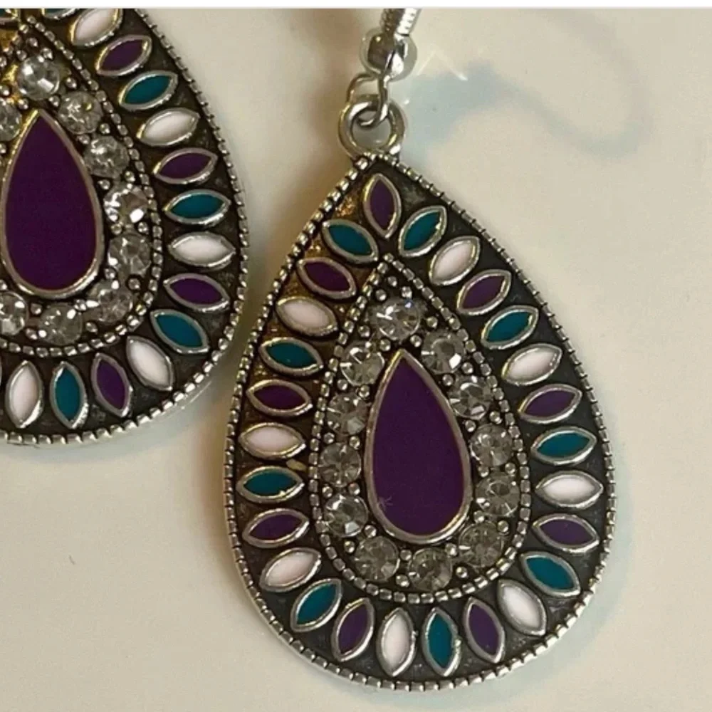 NWT! Bohemian Boho Turquoise and Purple Silver Tone with Rhinestones Earrings!